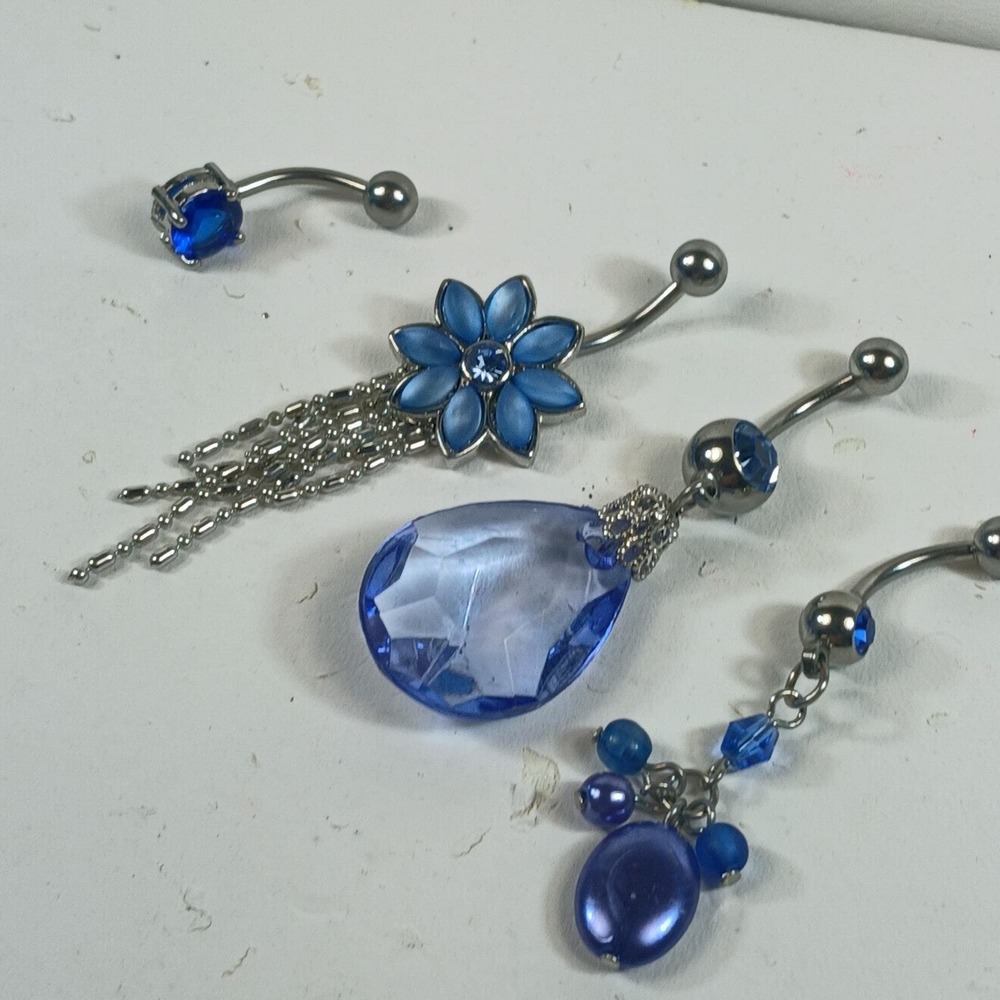 Vintage 90s Blue Belly Button Ring Set 4pc 14G 316L Surgical Steel New Old Stock - Picture 11 of 12